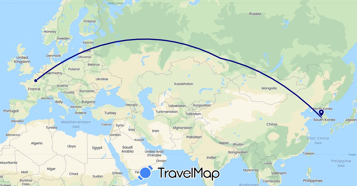 TravelMap itinerary: driving in France, South Korea, Russia (Asia, Europe)